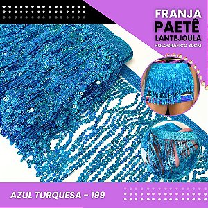 Franja Paetê Lantejoula MOD: 08 - 30cm - Rolo C/ 9.1 Mts COR:AZUL-TURQUESA-HOLOGRAFICO-199