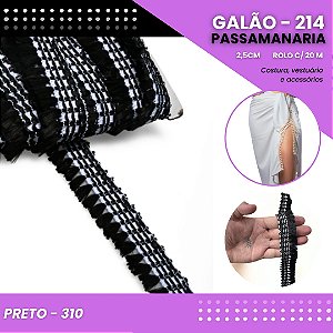 Galão Passamanaria de Franja - 25mm - GALAO-214 Rolo C/20 Metros COR:PRETO-310