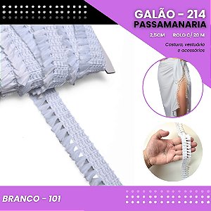 Galão Passamanaria de Franja - 25mm - GALAO-214 Rolo C/20 Metros COR:BRANCO-101