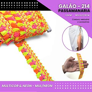 Galão Passamanaria de Franja - 25mm - GALAO-214 Rolo C/20 Metros COR:MULTICOR E NEON - MUL/NEON