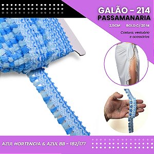 Galão Passamanaria de Franja - 25mm - GALAO-214 Rolo C/20 Metros COR:AZUL-HORTENCIA E AZUL-BEBE - 182/177
