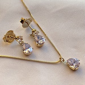 Conjunto Colar e Brinco Gota Banhado Em Ouro 18k