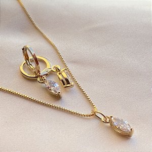 Conjunto Colar e Brinco Zircônia Banhado Em Ouro 18K