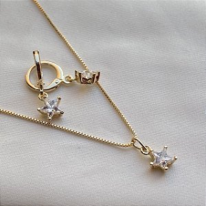 Conjunto Colar e Brinco Estrela Banhado Em Ouro 18k