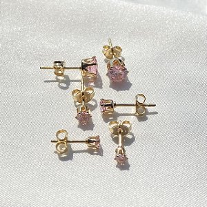 Brinco Trio Ponto De Luz Rosa Banhado Em Ouro 18k