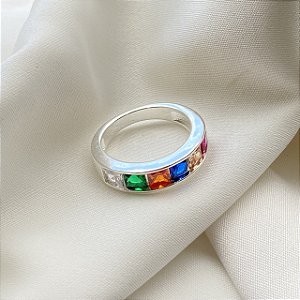 Anel Pedras Coloridas Banhado Em Prata 925