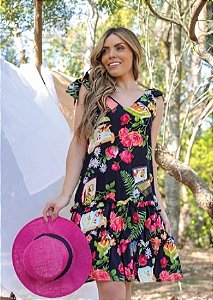 Vestido Preto Floral com Decote em V