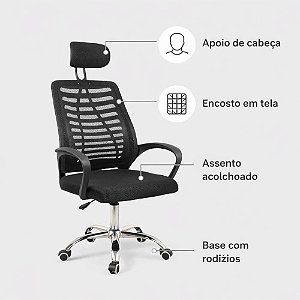 Cadeira Escritório Diretor Tela Mesh Com Encosto De Cabeça