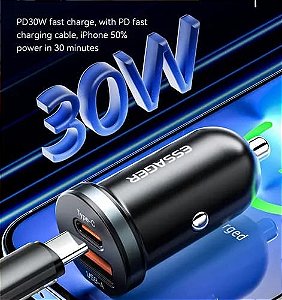 Carregador Turbo Veicular Essager 30W Tipo C + USB