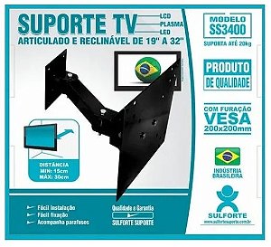 Suporte TV Articulado e Reclinável SS3400 TV DE 19" À 32" SULFORTE