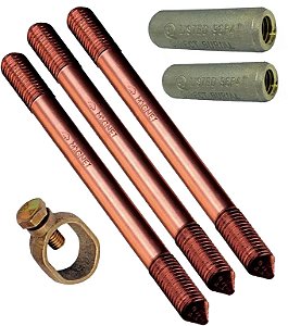 KIT 3 HASTE TERRA 5/8"X2,4M C/ROSCA PROLONGAVEL + GRAMPO CONECTOR  HASTE  5/8 REFORÇADO + LUVA EMENDA HASTE 5/8