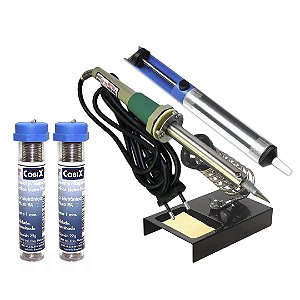 KIT SUPORTE P/ FERRO DE SOLDA + FERRO 127V + ESTANHO + SUGA