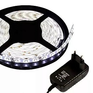 FITA SUPER LED ROLO 5M 3528 BRANCO FRIO DUPLA FACE + FONTE