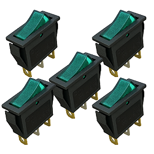 KIT 5 CHAVE GANGORRA ON/OFF 3POLOS ILUMINADA VERDE 15A 250V