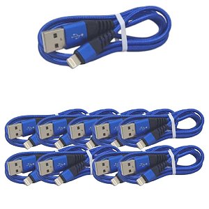 KIT 10 CABO USB DADOS TURBO IPHONE FLEXIVEL 1MT INOVA AZUL