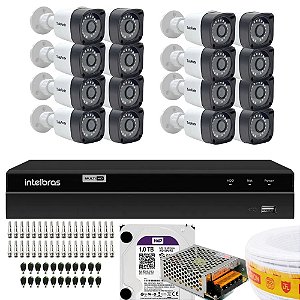 KIT 16 CÂMERAS BULLET FULL HD 1080P LENTE 3.6MM VISÃO NOTURNA 20M IP66 + DVR INTELBRAS MHDX 1316 FULL HD 16 CANAIS MULTI