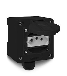 CAIXA BX COM TOMADA IND. DE 2P+T 20A P/ TRILHO DIN OU SOBREPOR - TOMADA PRETA + CX PRETA