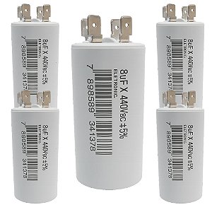 KIT 5 CAPACITOR 8uF 440V PERMANENTE METALIZADO C/ TERMINAL USO GERAL