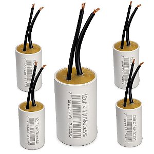 KIT 5 CAPACITOR 12uF 440V 2 FIOS METALIZADO TRIO USO GERAL EM MOTORES