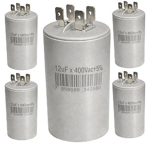 KIT 5 CAPACITOR 12uF 400V METALIZADO C/ TERMINAL USO EM MOTORES E VENTILACAO