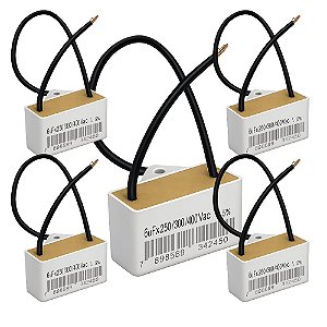 KIT 5 CAPACITOR 2 FIOS 6 UF X 250/300/400 QUADRADO C/ SUPORTE PLASTICO TRIO