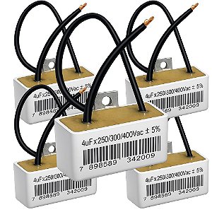 KIT 5 CAPACITOR 2 FIOS QUADRADO 4UF X 250/300/400V C/ CHAPA TRIO
