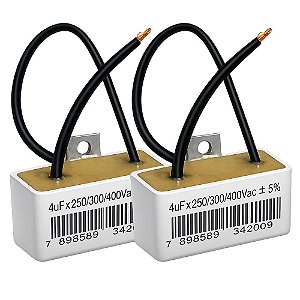 KIT 2 CAPACITOR PERMANENTE 4uF 250/300/400V 2 FIOS QUADRADO TRIO C/ CHAPA