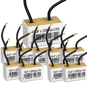 KIT 10 CAPACITOR 10UF X 250V 2 FIOS METALIZADO QUADRADO