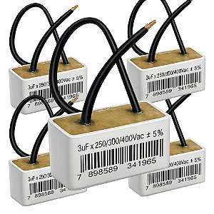 KIT 5 CAPACITOR 2 FIOS METALIZADO 3 UF X 250/300/400V QUADRADRO TRIO