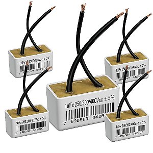 KIT 5 CAPACITOR PERMANENTE 1uF 250/300/400V 2 FIOS QUADRADO METALIZADO