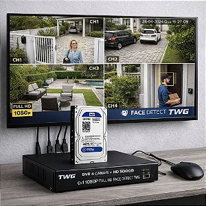DVR 4 CANAIS + HD500GB 6X1 1080P FULL HD FACE DETECT TWG