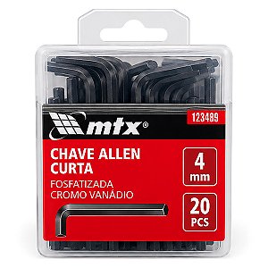 Kit 20 Chaves Allen Curtas MTX 4mm em Aço Cromo Vanádio com Acabamento Fosfatizado