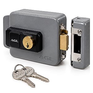 Fechadura Elétrica AGL AL100 12V Cilindro Longo 60mm Cinza