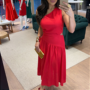Vestido Vermelho em Linho Um Ombro Só