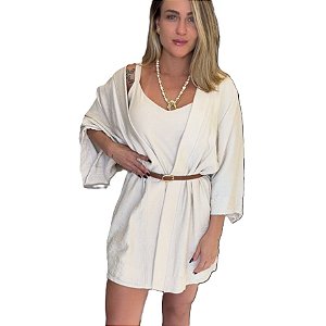 Conjunto Kimono e Vestido Marfim e Cinto Caramelo