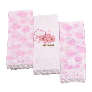 Kit 3 Fraldas com Bainha Minasrey Alvinha Nuvens Rosa