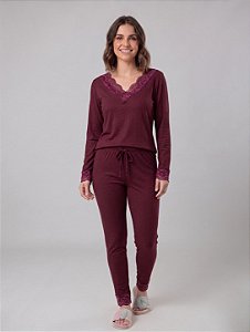 Pijama Suede Canelado Com Renda