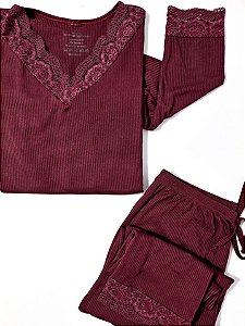 Pijama Canelado Com Renda