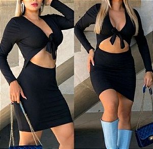 Vestido Mariane manga longa recortes laterais e amarrações