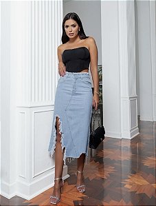 Saia mídi Natália jeans cintura alta