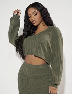conjunto Cloe malha canelada manga longa moletom e sai inverno