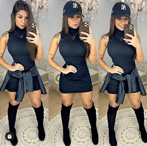 Vestido Midi Canelado Gola Alta