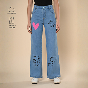 Calça Estampada Coração Jeans Wide Leg