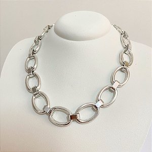 Colar Corrente Argola Achatadas Prata Grossa
