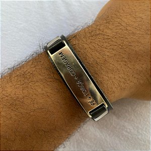 Pulseira Masculina de Couro Regulável - Fé + Força + Coragem