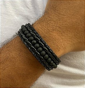 Pulseira Masculina de Couro Regulavel Trançada Bolinha