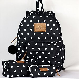 Kit Mochila Feminina Queen Henriquetta - Poá Preto