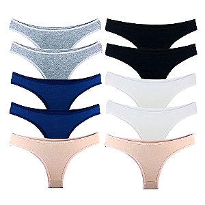 Kit 10 Calcinhas Tanga Algodão Básica - Sortidas