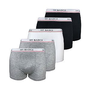 Kit Cueca Infantil Boxer Try Basics 5 Peças - Branca, Preta e Cinza