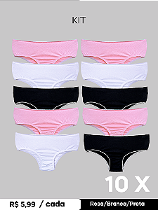 Kit 10 Calcinha Infantil Básica Trybasics - Preta / Branca / Rosa